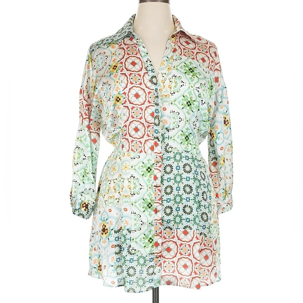 Zara Mixed Print Shirt Dress Mini Multicolor Floral Geometric Button Front XL - Picture 2 of 8